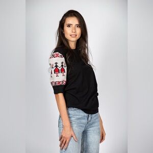 Melor Black Top with Patterned Sleeves